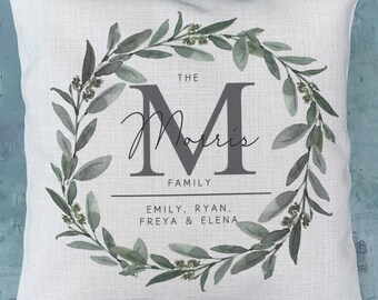 Personalised Family Name Home Quote Greenery Design Home Quote Linen Style Cushion cover