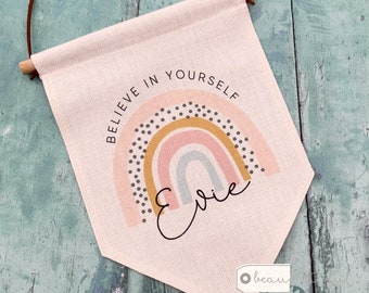 Personalised Name Believe in yourself Pastel Rainbow Design Home Quote Boho Linen Style Pennant Flag Room Decor