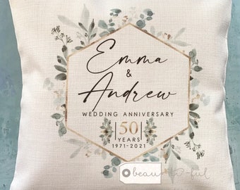 Personalised Wedding anniversary gift 25th 50th 1st Golden Silver Ruby Wedding Geometric greenery Design Linen Style Cushion cover
