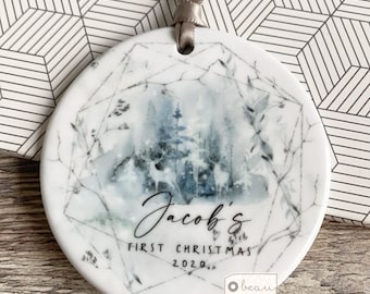 Personalised Baby Baby’s First Christmas Boy Girl Newborn Christmas Deer scene Design Ceramic or Acrylic Round Ornament Keepsake