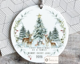 Personalised First Christmas as a family Mummy Daddy Mammy Mommy New Baby Woodland scene Greenery Ceramic or Acrylic Round Ornament Keepsake