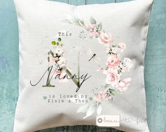 Personalised This Nanny is loved by... Mum Nanna Auntie Grandma Nan Gran Quote Wildflower Greenery Home Quote Linen Style Cushion cover