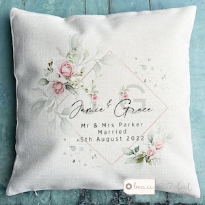 Personalised Just Married Mr Mrs Pink roses floral greenery Design Home Quote Linen Style Cushion cover