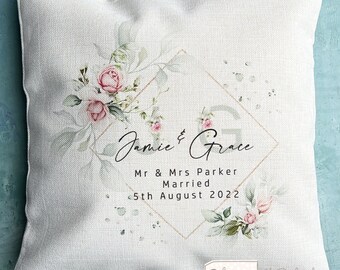 Personalised Just Married Mr Mrs Pink roses floral greenery Design Home Quote Linen Style Cushion cover