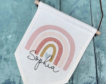 Personalised Name Pastel Rainbow Design Home Quote Boho Linen Style Pennant Flag Room Decor