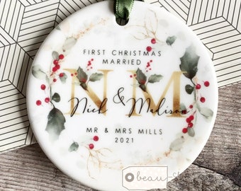 Personalised First Christmas Married Wedding gift Mr Mrs Newlywed Holly Foliage Design Ceramic or Acrylic Round Ornament Keepsake