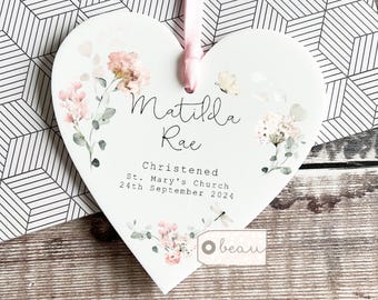 Personalised Christening Baptism Gift Godchild gift Godson Goddaughter Baby Boy Girl Floral Wreath Acrylic Heart Hanging Ornament Keepsake