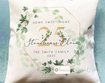 Personalised Home Sweet Home Address Quote Ivy Foliage Greenery Design Home Quote Linen Style Cushion cover