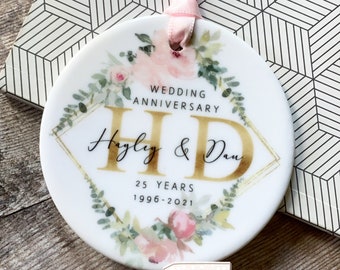 Personalised Wedding Anniversary Gift Mr & Mrs 25th 50th 1st Pink Floral Greenery Ceramic or Acrylic Round Decoration Ornament Keepsake