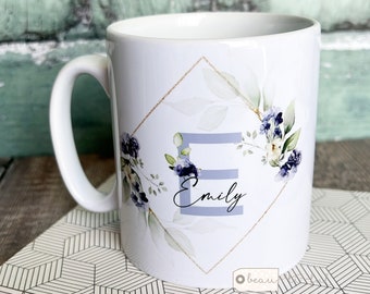 Personalised Name and initial Blue Floral Eucalyptus Greenery Ceramic Mug - Tea mug - coffee Mug - Gift mug