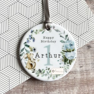 Personalised First 1st Happy Birthday woodland rabbit floral Greenery Design Ceramic Round Decoration Ornament Wedding Keepsake