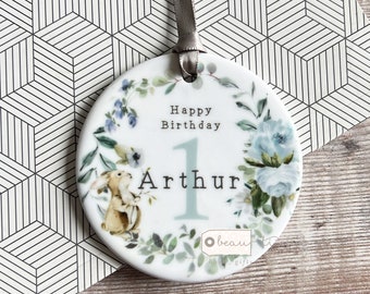 Personalised First 1st Happy Birthday woodland rabbit floral Greenery Design Ceramic Round Decoration Ornament Wedding Keepsake