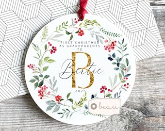 Personalised First Christmas as Grandparents Gran Grandma Nanna Auntie New Baby Foliage Uncle Greenery Round Ornament Keepsake