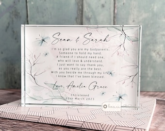 Personalised Godparent Thank you Gift Godmother Godfather Christening Baptism Gift Butterfly floral Greenery Design Crystal block Keepsake