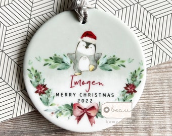 Personalised Merry Christmas Penguin Santa hat Signpost Acrylic or ceramic Round Ornament Keepsake Tree Decoration Child boy girl gift