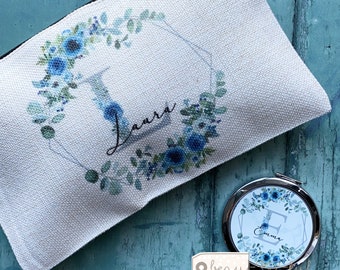 Personalised Name and initial Blue floral Design Linen style Fabric Make up Bag Birthday gift for her mum sister friend