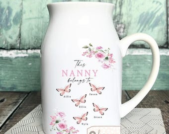 Personalised Nanny Belongs To Small Vase Jug Mug: Wildflower Floral Ceramic Flower Gift for her, Nanna Grandma Nana Gran