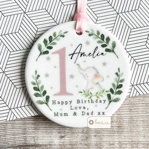 Personalised First 1st Happy Birthday Elephant floral Greenery Design Ceramic or acrylic Round Decoration Ornament Wedding Keepsake