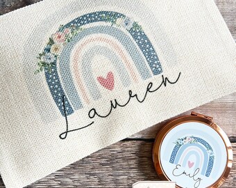 Personalised Name Pastel Floral Rainbow Design Linen style Fabric Make up Bag Birthday gift for her mum sister friend