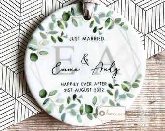 Personalised Just Married Names Mr & Mrs Wedding Eucalyptus Geometric Greenery Ceramic or Acrylic Round Decoration Ornament Keepsake