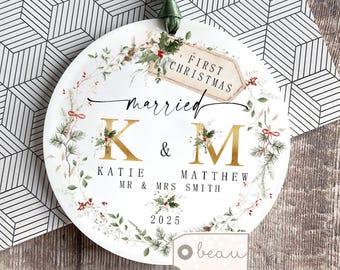 Personalised First Christmas Married Wedding gift as Mr Mrs Gift Newlywed Bow wreath Greenery Ceramic or acrylic Round Ornament Keepsake