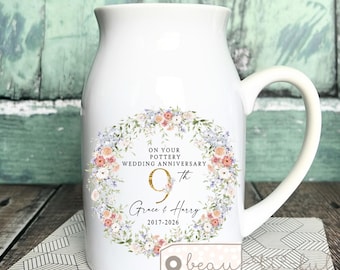 Personalised Wedding Anniversary gift, Pottery 9th anniversary, Ruby Silver China, gift for couple, Floral Ceramic Small Vase Jug Mug