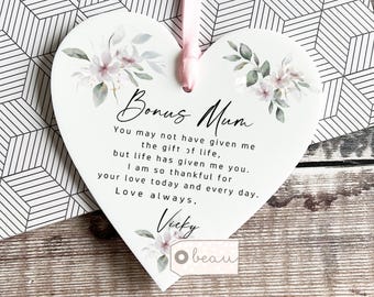 Personalised Bonus Mum Mom Stepmum stepmom Like a mum Thank you Quote Greenery Acrylic Heart Ornament Wedding Keepsake