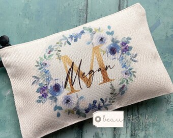 Personalised Name and initial Blue grey floral Design Linen style Fabric Make up Bag Birthday gift for her mum sister friend