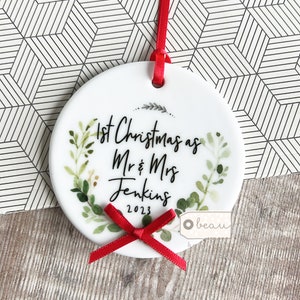 Personalised First Christmas Married Mr Mrs Newlywed Botanical Greenery Design Ceramic or Acrylic Round Ornament Keepsake