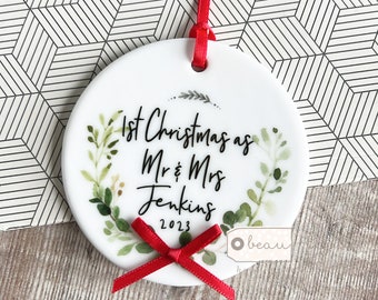 Personalised First Christmas Married Mr Mrs Newlywed Botanical Greenery Design Ceramic or Acrylic Round Ornament Keepsake
