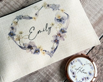 Personalised Name and initial Lilac Ribbon Heart Design Linen style Fabric Make up Bag Birthday gift for her mum sister friend