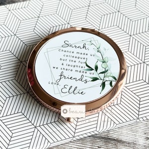 Personalised Chance made us colleagues.. Quote Modern Greenery Round Rose Gold Compact Pocket Mirror Keepsake
