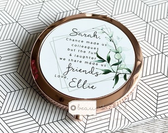 Personalised Chance made us colleagues.. Quote Modern Greenery Round Rose Gold Compact Pocket Mirror Keepsake