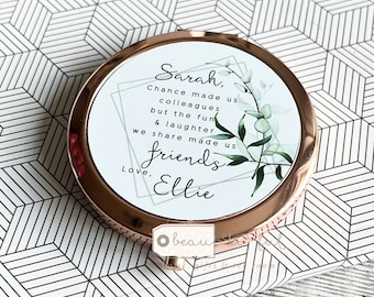 Personalised Chance made us colleagues.. Quote Modern Greenery Round Rose Gold Compact Pocket Mirror Keepsake