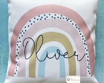 Personalised Name Pastel Rainbow Design Home Quote Boho Linen Style Cushion cover