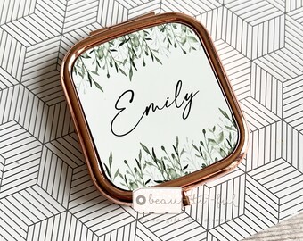 Personalised Friend gift .. Floral Square Rose Gold Compact Pocket Mirror Keepsake Mum sister auntie niece female relative Birthday gift