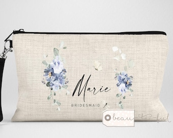 Personalised Make Up Bag Bridesmaid gift Friend Gift Gift for her Blue Floral Linen style Fabric Make up Bag Birthday gift mum sister friend