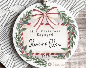 Personalised First Christmas Engaged Gift Engagement gift Mr Mrs to be Bride Groom Botanical Greenery Ceramic or Acrylic Ornament Keepsake