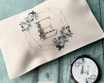 Personalised Name and initial Blue winter white floral Design Linen style Fabric Make up Bag Birthday gift for her mum sister friend