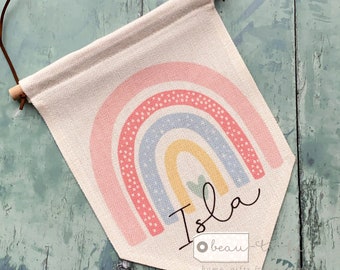Personalised Name Bright Pastel Rainbow Design Home Quote Boho Linen Style Pennant Flag Room Decor