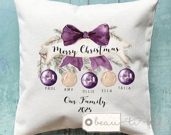 Personalised Christmas Family cushion Wreath Bauble Family gift Foliage Greenery Home Quote Linen Style Cushion cover purple