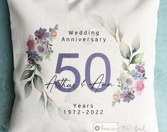 Personalised Wedding anniversary 25th 50th 1st 40th 10th Home Purple Blush floral Eucalyptus Design Home Quote Linen Style Cushion cover