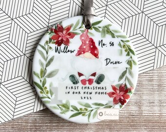 Personalised First Christmas at Address New Home Santa Gnome Signpost Design Ceramic Round Ornament Keepsake