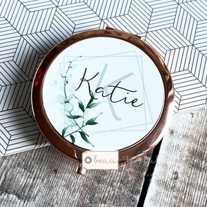 Personalised Name Modern Greenery Round Rose Gold Compact Pocket Mirror Keepsake