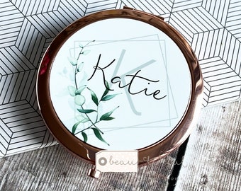 Personalised Name Modern Greenery Round Rose Gold Compact Pocket Mirror Keepsake
