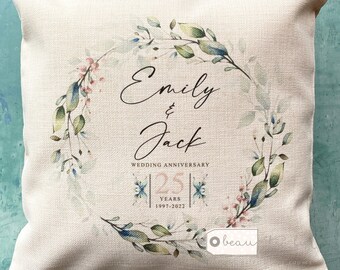 Personalised Wedding anniversary gift 25th 50th 40th 45th 1st Home pink greenery wreath  Linen Style Cushion anniversary gift couple gift