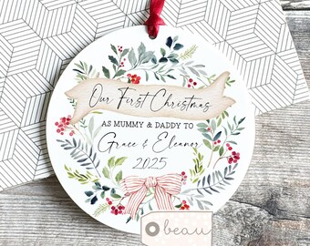Personalised First Christmas as Mummy Daddy Mommy Mam Mammy Dad New Baby wreath scene Greenery Ceramic or bauble Ornament Keepsake