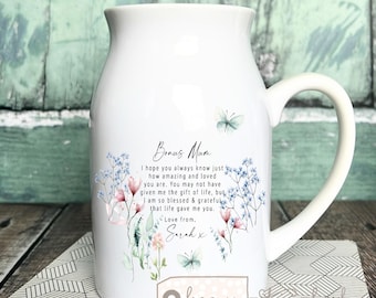 Personalised Bonus mum gift, Step mum gift, Like a mum, Second mum gift, Mummy Mother Pink Wildflower Floral Ceramic Small Vase Jug Mug gift