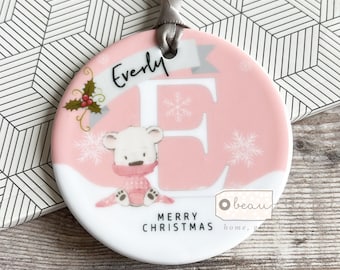 Personalised Merry Christmas Gift Boy Girl Bear Snowflake Design Ceramic or Acrylic Round Ornament Keepsake Christmas gift