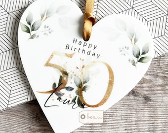 Personalised Milestone Birthday 16 18 21 30 40 50 60 70 80 90 Gift Quote Greenery Heart Acrylic Ornament Gift for her Friendship Keepsake